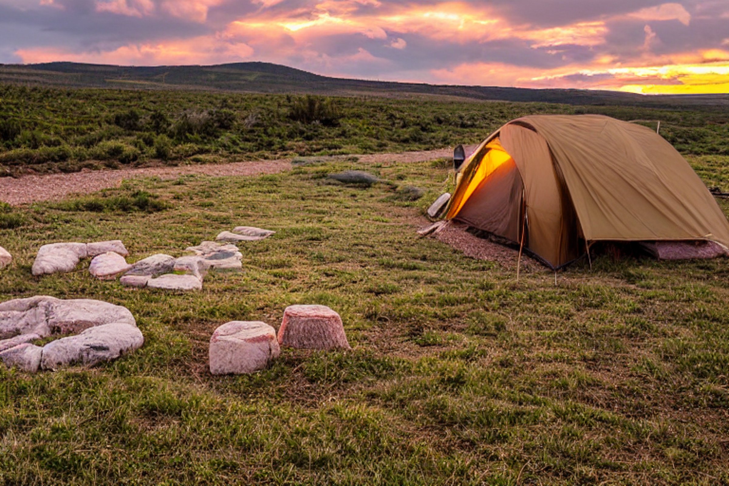 A tan tent rests on a dirt patch at a paved Colorado campsite as the sun rises. Stones scatter across the ground, while a flashlight gives the tent a warm glow. Dark storm clouds add a wild, dramatic mood, with surfers nearby.