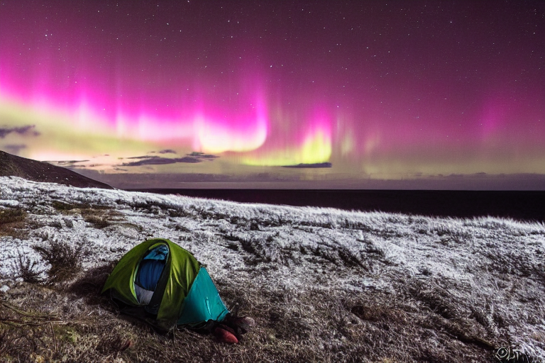 A bright red tent sits beside a warm campfire on a snowy beach. Above it, colorful northern lights dance across the night sky, while a deer stands far away and surfers move near the water. A backpack rests on the ground nearby.