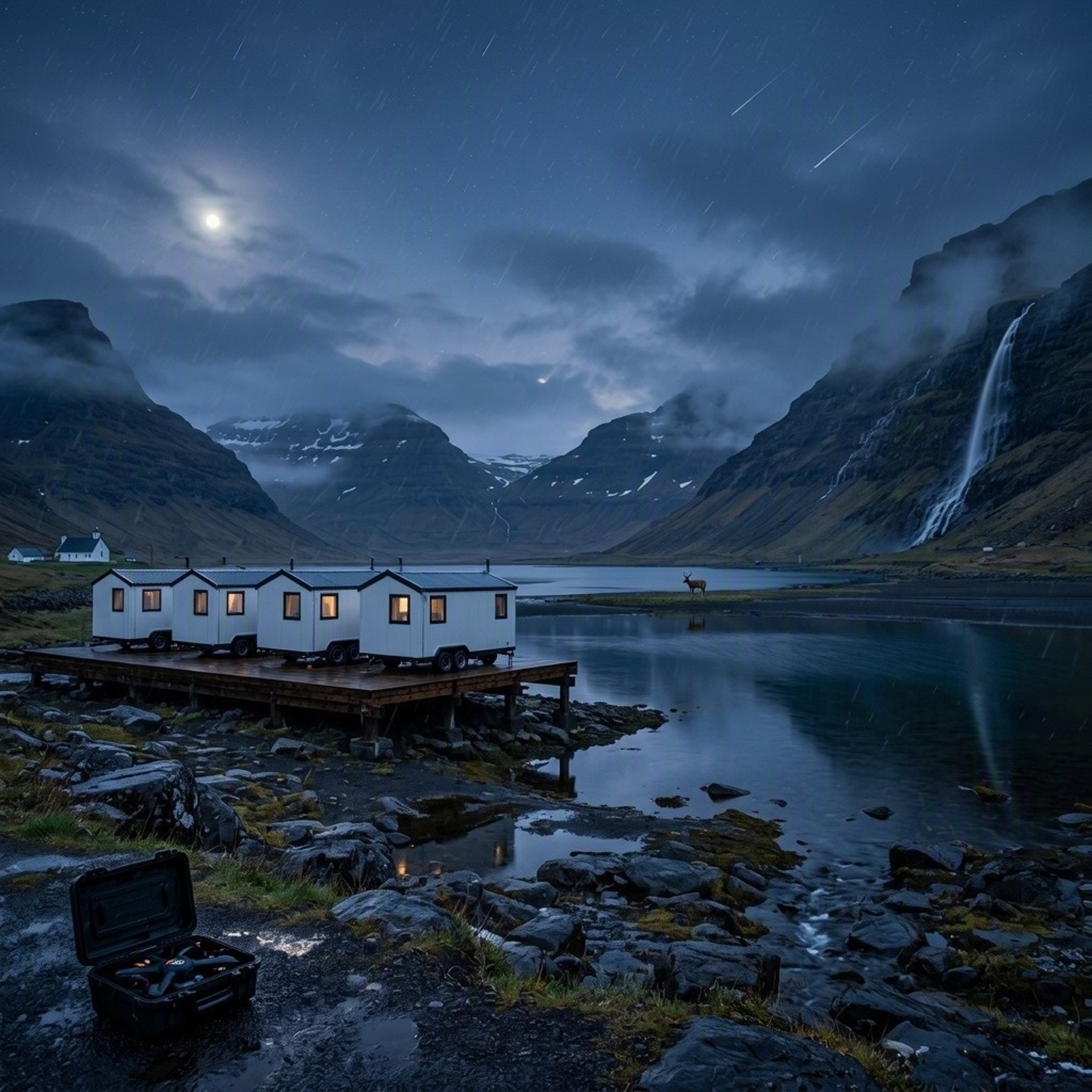 Four tiny white homes rest on a wooden platform beside a dark, quiet lagoon. A small waterfall tumbles from the misty mountains, while rain-wet rocks shine in the blue twilight. Far away, a red deer stands beneath a moonlit sky streaked with stars and meteors.