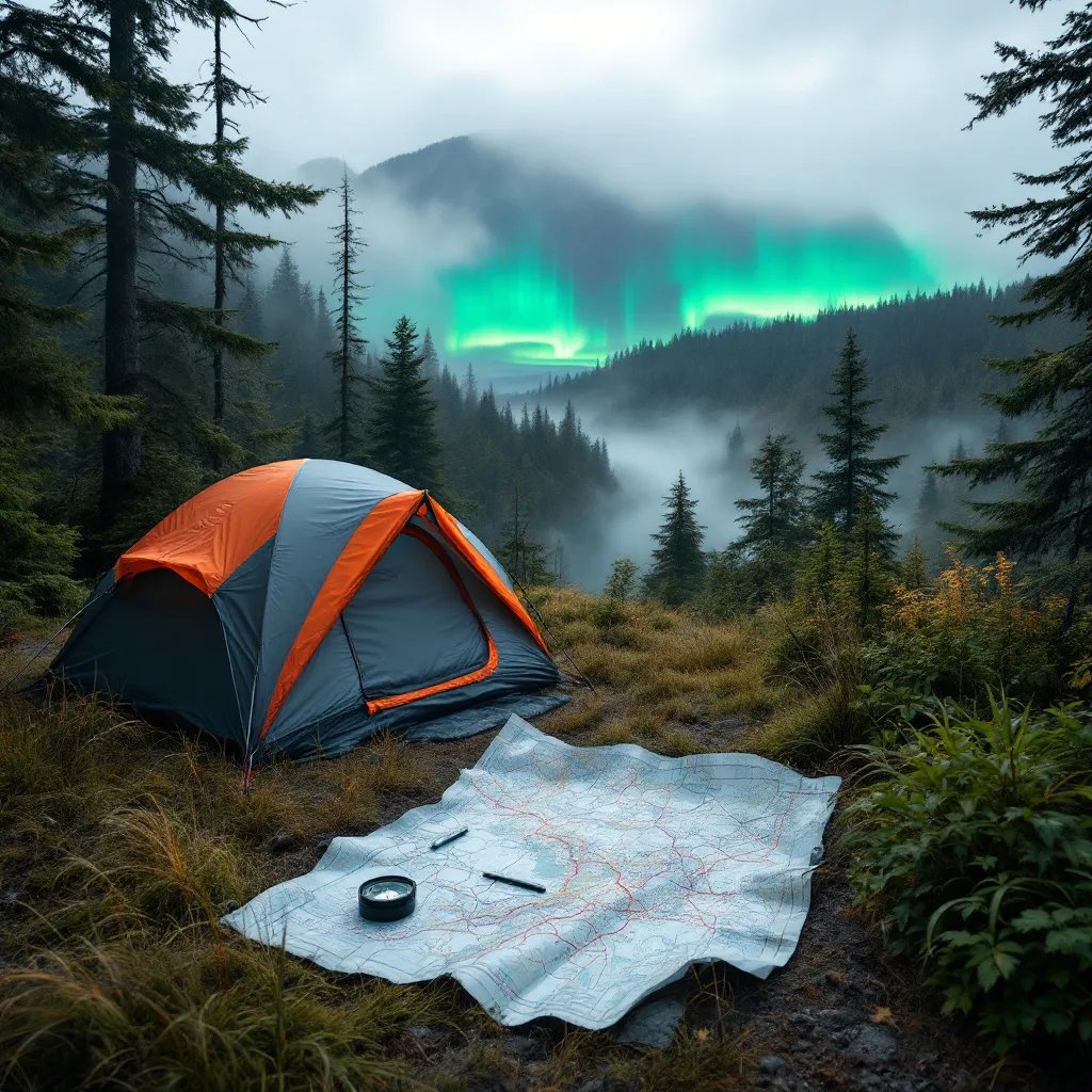 A gray and orange tent rests in a misty rainforest among mossy trees and tall grass. A cooler sits nearby, while a compass and map lie at the cliff’s edge. Far above, green northern lights glow through the cloudy sky.