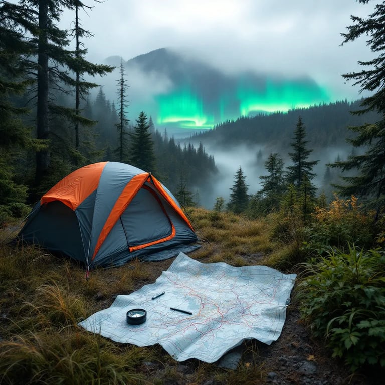 A gray and orange tent rests in a misty rainforest among mossy trees and tall grass. A cooler sits nearby, while a compass and map lie at the cliff’s edge. Far above, green northern lights glow through the cloudy sky.