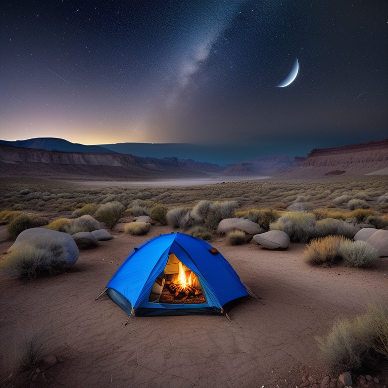 A blue tent rests beside a warm campfire in a foggy petrified forest. Stars shine above, while mountains and a distant moon glow in the night sky. Surfers add a surprising touch to this wild campsite.