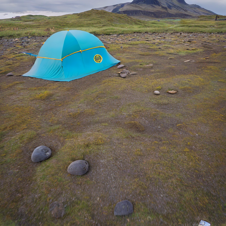 A teal tent sits on a paved campsite surrounded by tall grass and gray stones. A backpack rests nearby beside a patch of bare dirt. Cloudy skies give this Icelandic scene a cool, quiet feel.
