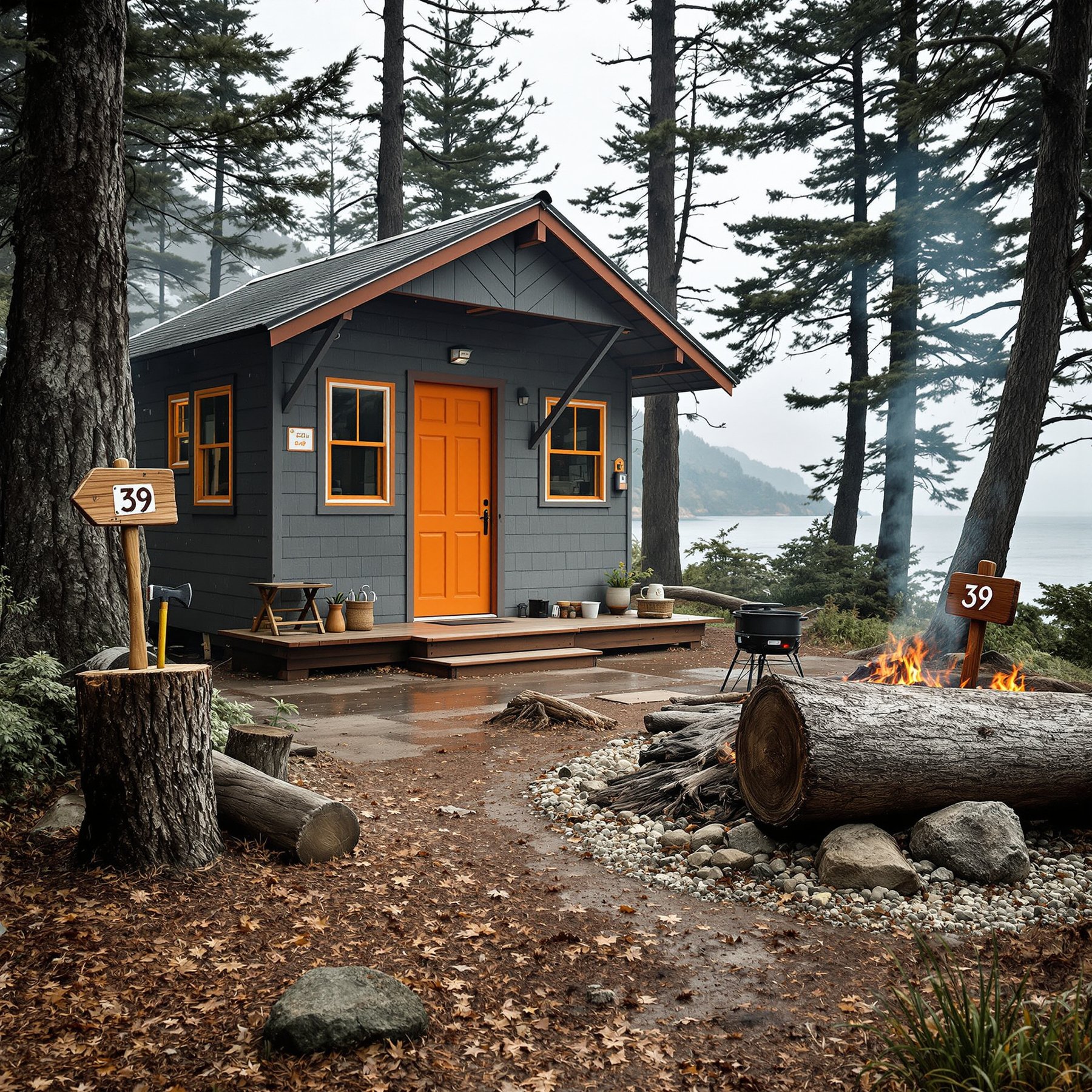 This cozy cabin sits by a peaceful lake, surrounded by tall pine trees. A warm campfire glows near a big log, perfect for sitting and sharing stories. The air feels fresh and calm, making it a great place for adventure and relaxing.