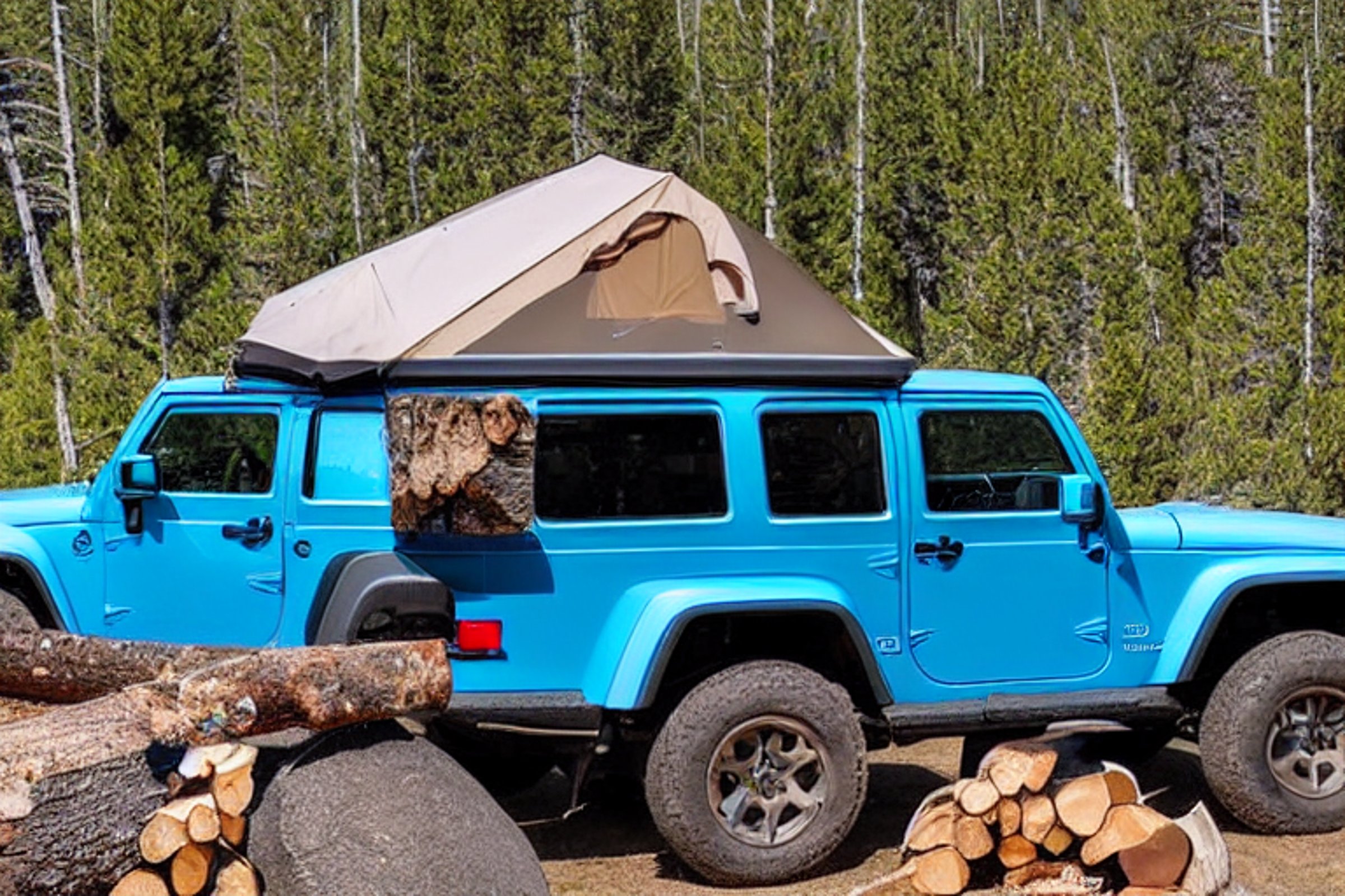 A blue Jeep with an open rooftop tent rests on a quiet dirt campsite in Yellowstone. Large stone slabs and a log campfire sit in the center, with rolling hills stretching into the rainy golden light.