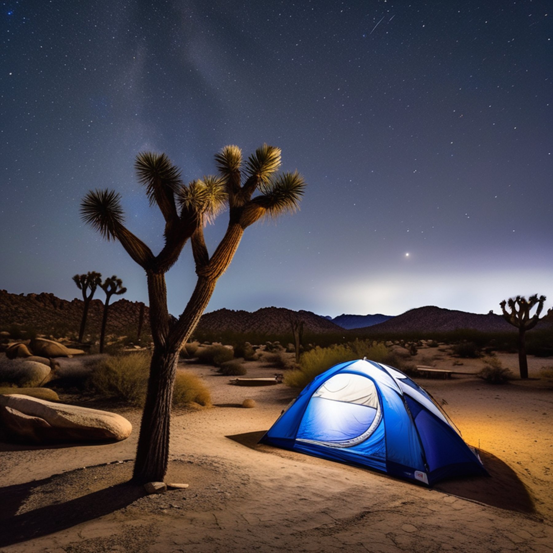 A gray and blue tent rests on a rocky campsite beneath a star-filled sky. A warm lantern glows beside the tent and a large boulder. Soft fog drifts around the stone slabs of Joshua Tree National Park.