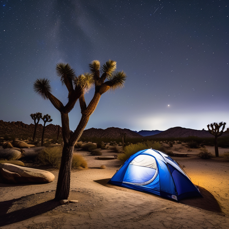 A gray and blue tent rests on a rocky campsite beneath a star-filled sky. A warm lantern glows beside the tent and a large boulder. Soft fog drifts around the stone slabs of Joshua Tree National Park.