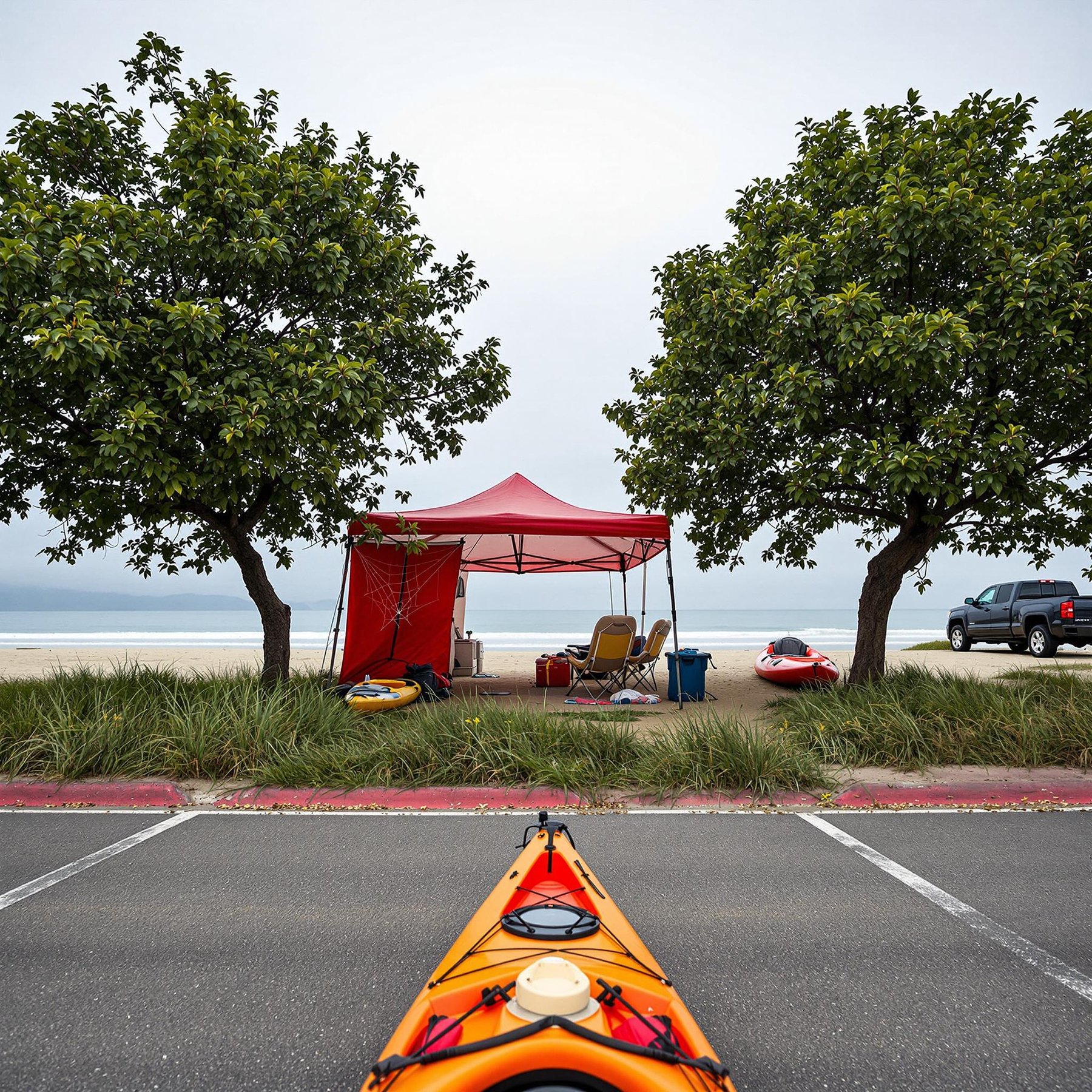 A red and white tarp shelter rests beside San Diego Beach, surrounded by tall, overgrown grass. A kayak sits on the shore near a parking spot, while a delicate spider web stretches between two trees. The calm scene feels like a quiet seaside adventure.