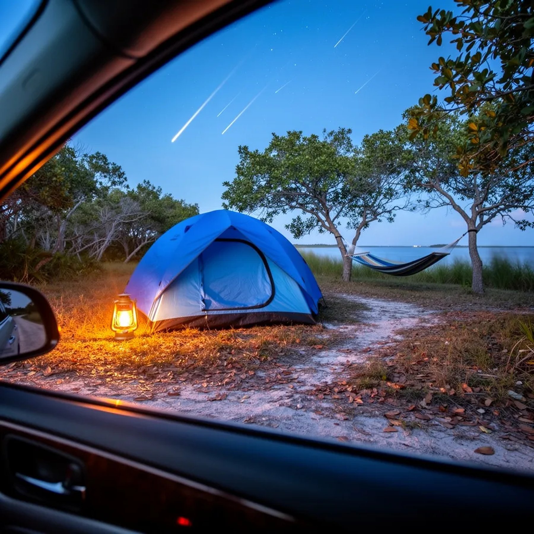 A cozy blue tent glows softly in the twilight, with a warm lantern lighting the leaves on the ground. A hammock hangs between two small trees, gently swaying in the breeze. Above, a darkening blue sky sparkles with faint shooting stars.