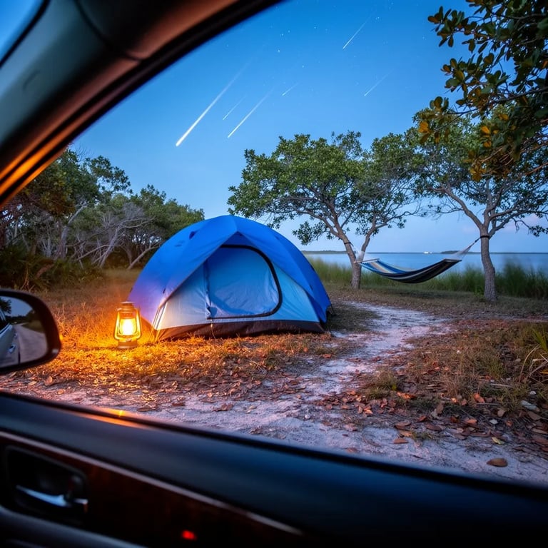 A cozy blue tent glows softly in the twilight, with a warm lantern lighting the leaves on the ground. A hammock hangs between two small trees, gently swaying in the breeze. Above, a darkening blue sky sparkles with faint shooting stars.