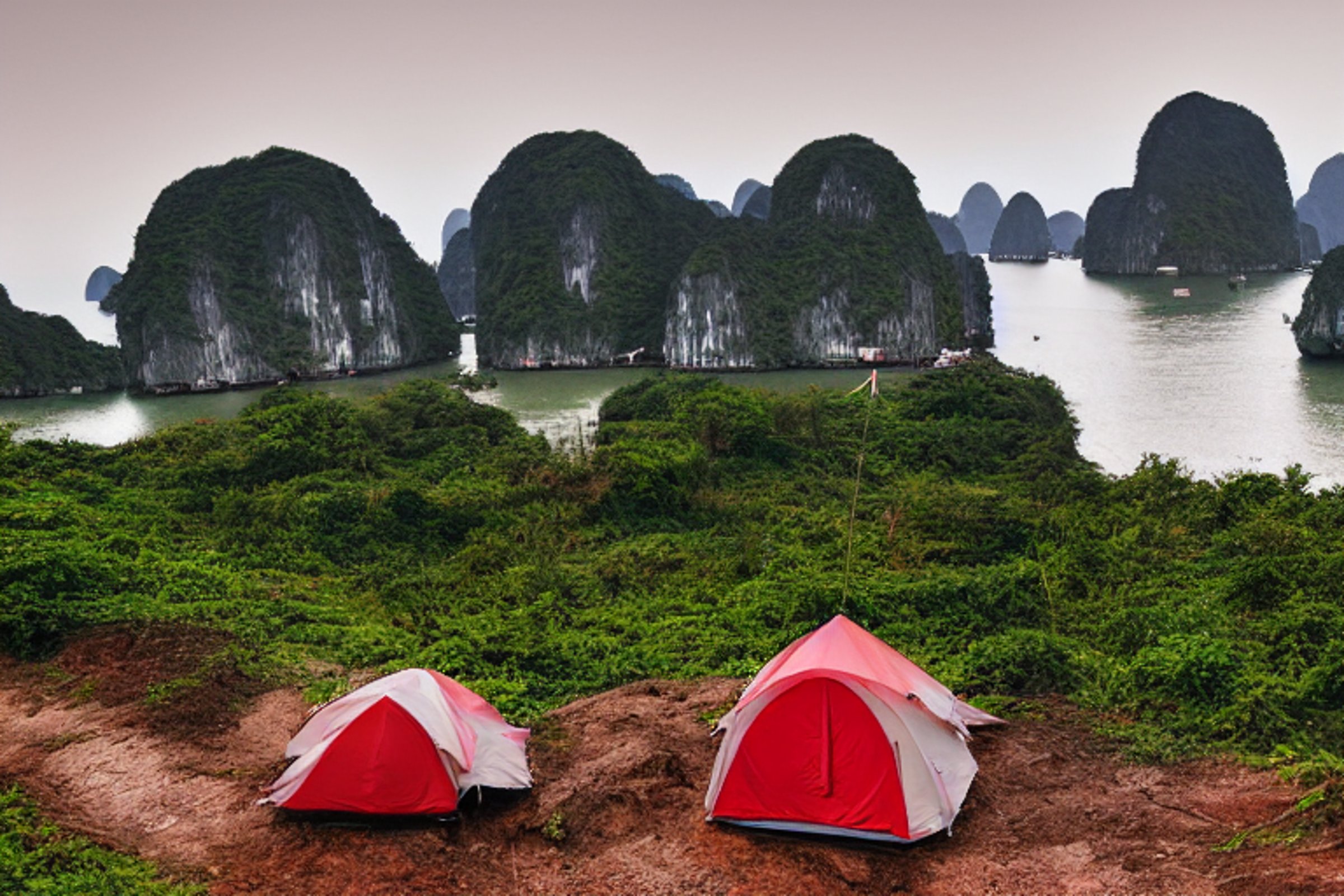A red-and-white tent sits on a paved campsite in rainy Halong Bay. Boulders and a dirt path surround the wet ground, while a person with a flashlight walks in the distance. Soft sunrise light gives the scene a quiet, peaceful mood.