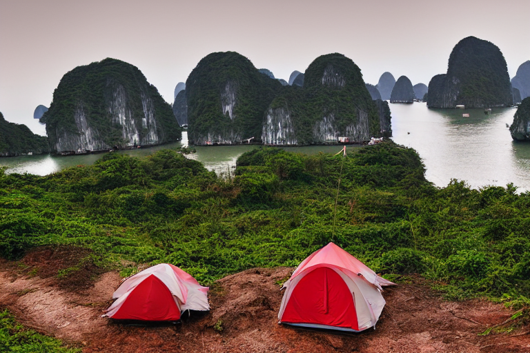 A red-and-white tent sits on a paved campsite in rainy Halong Bay. Boulders and a dirt path surround the wet ground, while a person with a flashlight walks in the distance. Soft sunrise light gives the scene a quiet, peaceful mood.