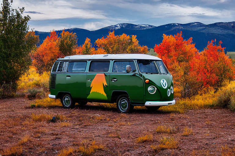 A green camper van rests beside a crackling campfire on a sunny Idaho plain. Fall-colored trees and thick bushes surround the dirt campsite, while tall mountains rise in the distance. A backpack sits nearby, ready for adventure.