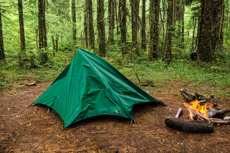 A green two-person tent rests in a rocky clearing surrounded by an overgrown forest. A campfire sits in the center, with a wooden guitar nearby. Cloudy skies give the campsite a cool, peaceful feeling.
