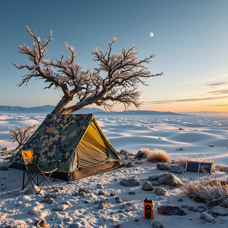 In the quiet desert, a tent sits under a frosty tree with soft dunes stretching to the horizon. The sun rises, casting a warm glow over everything, while a tiny solar panel collects energy. It's a peaceful place where adventure and nature meet.