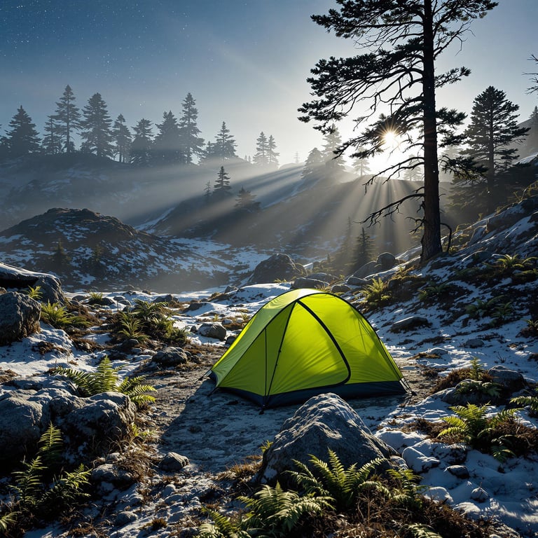 A bright lime-green tent rests among ferns and rocky ground in Big Sur. Rolling hills fade into the dusty night air, while a box of camping gear sits nearby.