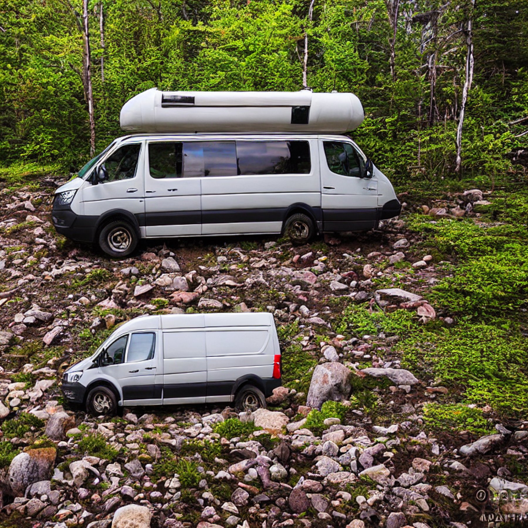A colorful camper van rests on a snowy dirt campsite beneath glowing northern lights. A small stream winds past the boulders and tall grass, while a distant camper shines a flashlight through the quiet night.