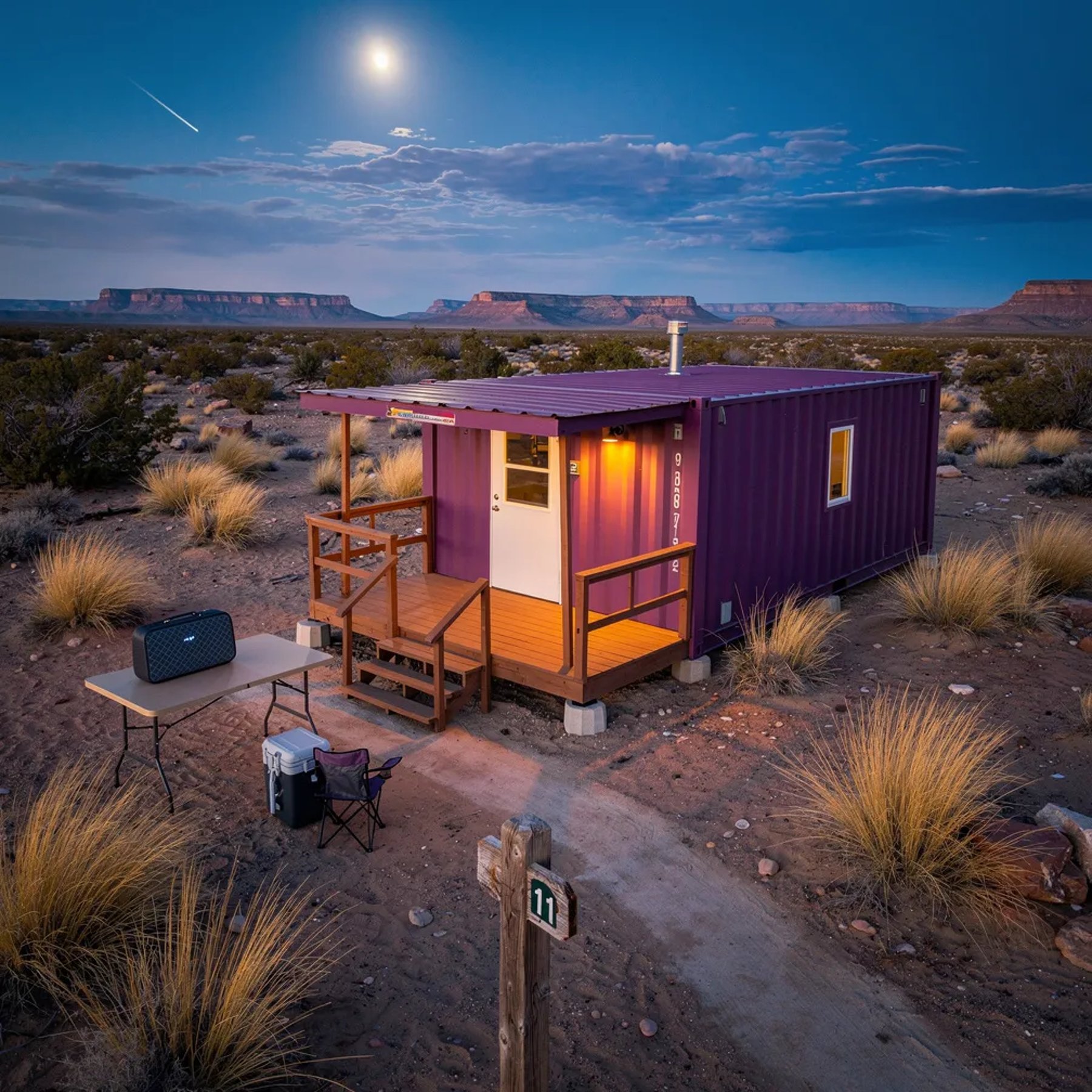 A purple cabin made from a shipping container sits on sandy desert ground with tall grass waving in the breeze. The sky is deep blue as night arrives, with a bright moon and a tiny meteor streaking overhead. A worn wooden sign marked “11” stands by the path, and a small speaker rests on the camp table. Distant mesas sit quiet on the wide horizon, making the whole place feel calm and open.
