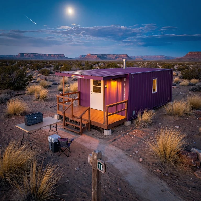 A purple cabin made from a shipping container sits on sandy desert ground with tall grass waving in the breeze. The sky is deep blue as night arrives, with a bright moon and a tiny meteor streaking overhead. A worn wooden sign marked “11” stands by the path, and a small speaker rests on the camp table. Distant mesas sit quiet on the wide horizon, making the whole place feel calm and open.