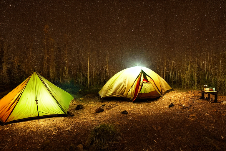 A colorful tent glows beside a quiet creek under a clear night sky. Bright green auroras ripple above the small trees, while fallen leaves and camping gear rest around the paved campsite.