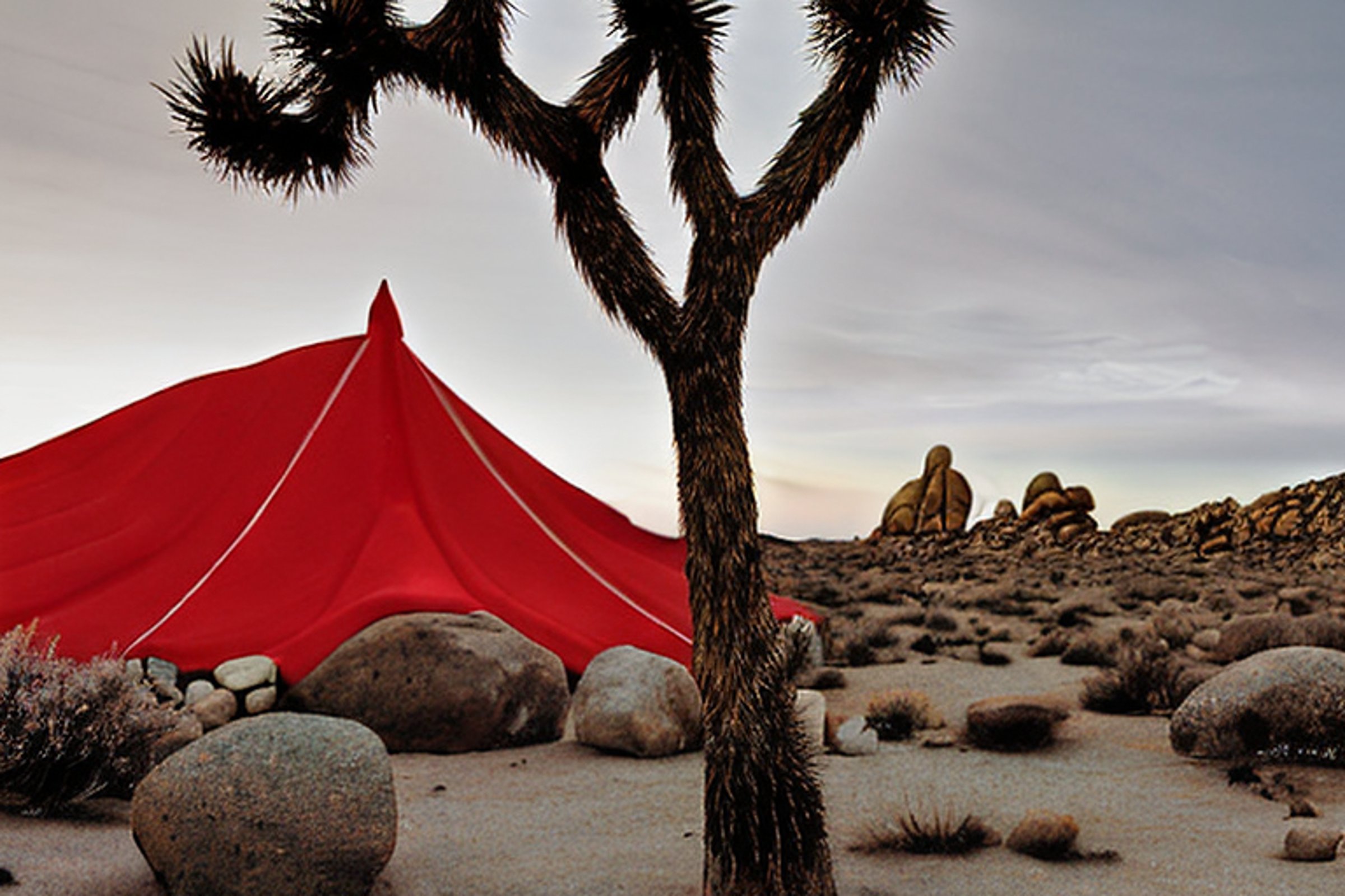 A bright red tent sits on a paved campsite in Joshua Tree National Park. Large boulders and a tall rock surround the dirt campfire area, where logs wait for a warm evening fire. Soft sunrise light shines through the cloudy sky.