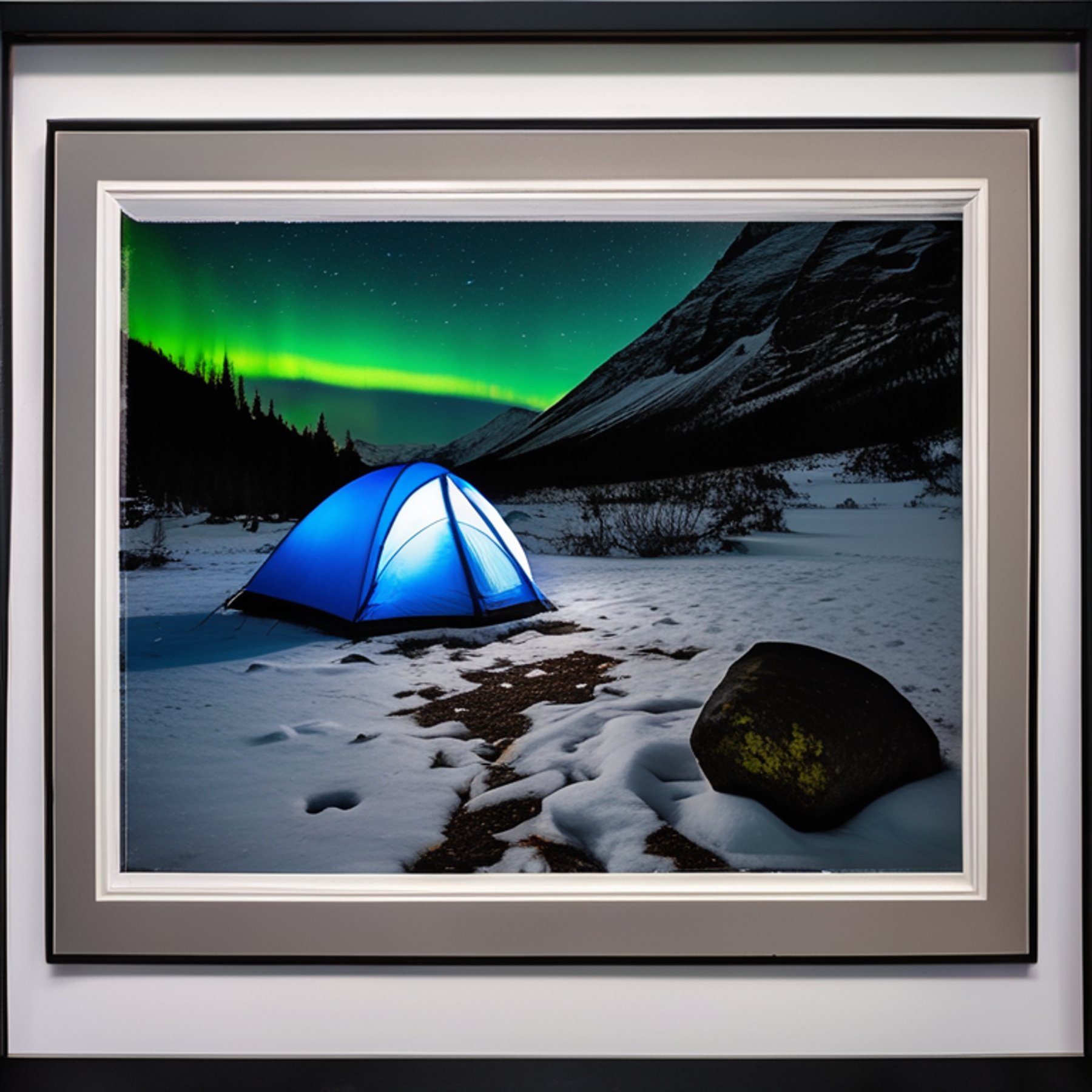 A blue tent glows beside a warm campfire in a snowy mountain valley. Bright northern lights ripple across the night sky, while mossy trees and stone slabs surround the campsite. A distant camper shines a flashlight through the quiet woods.