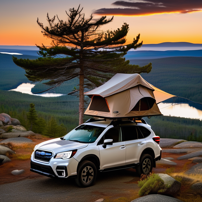 A cozy Subaru campsite rests among mossy trees in Acadia National Park. The rooftop tent glows warmly as misty mountains rise in the golden evening light. A pale moon hangs above the foggy sky.
