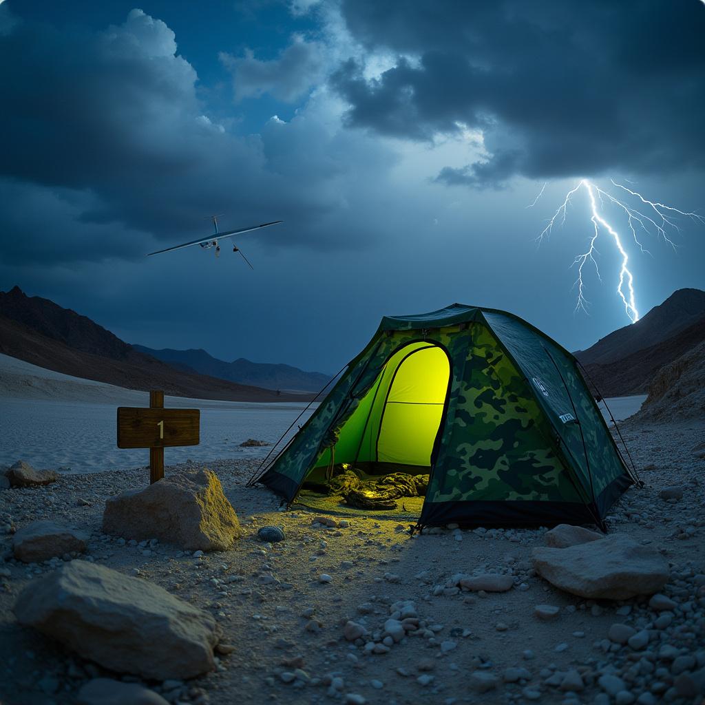 A green camo tent rests among stone slabs in Death Valley beneath a crescent moon. A wooden sign marks Campsite 1, while lightning flashes and geysers rise in the distance.
