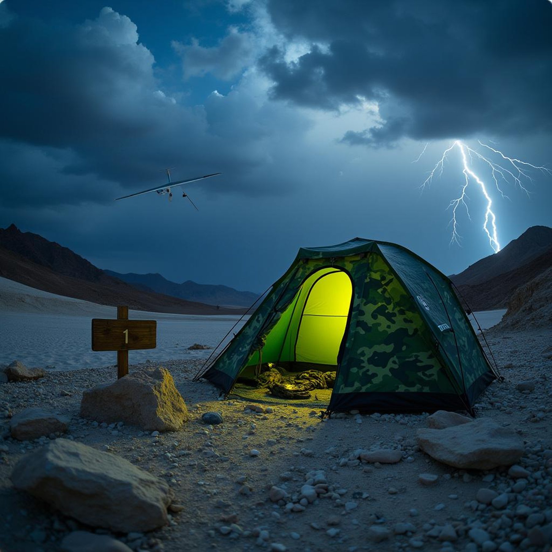A green camo tent rests among stone slabs in Death Valley beneath a crescent moon. A wooden sign marks Campsite 1, while lightning flashes and geysers rise in the distance.