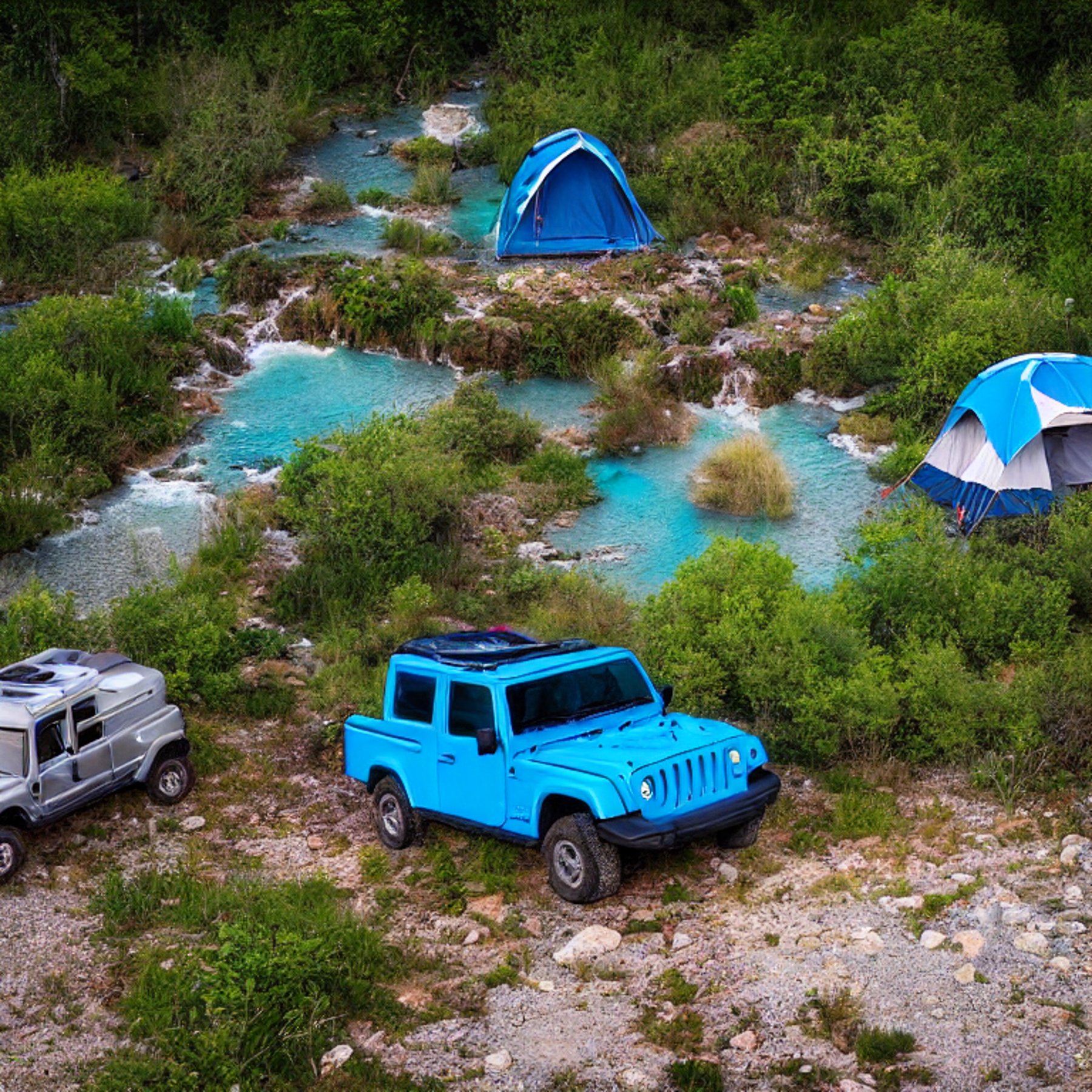 A blue Jeep with a rooftop tent rests beside a warm campfire in a rocky forest clearing. A clear stream winds through the campsite, surrounded by small flowers and misty trees. Golden light gives this peaceful spot a cozy glow.