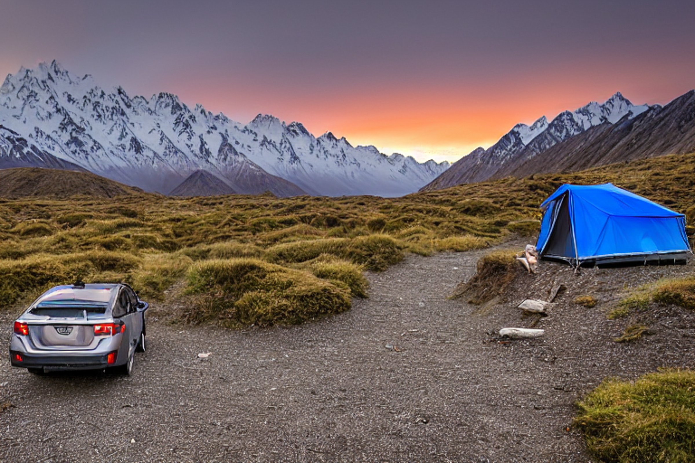 A gray-blue Subaru rests beside a cozy rooftop tent in a rainy mountain campsite. A small campfire glows near a wooden guitar, while a dirt path winds past a large rock under the fading sunset sky.