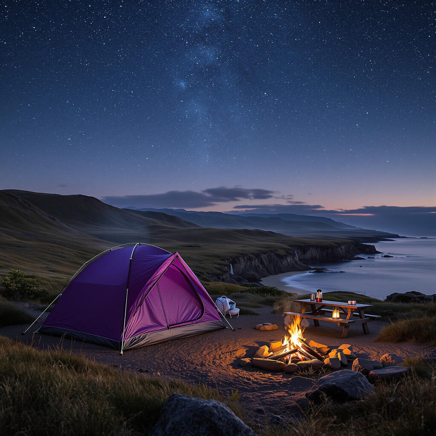 Under a sky full of stars, a cozy purple tent sits by a crackling campfire on a grassy cliff. The ocean waves gently crash against the shore below, creating a peaceful melody. It's the perfect spot for adventure and dreaming by the sea.