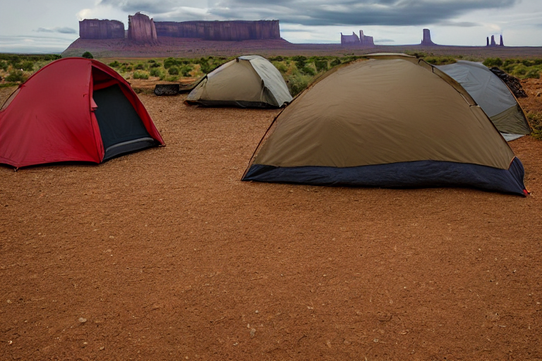 A tan tent rests on a paved campsite in rainy Monument Valley. Bushes, stone gravel, and red desert earth surround the camp, with tall rock formations in the distance. A box of camping gear sits nearby, ready for adventure.