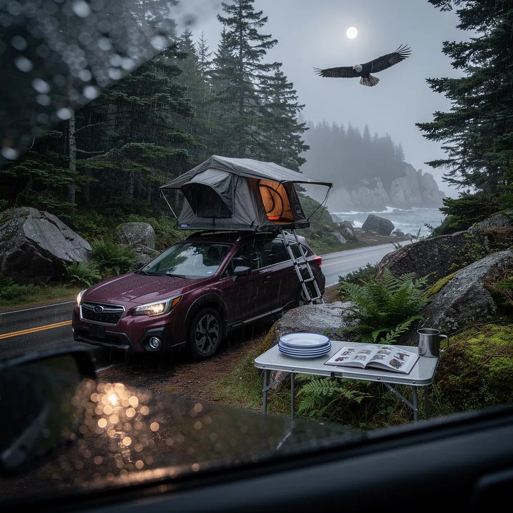 A misty evening settles over a quiet roadside campsite, where wet granite rocks and bright green ferns cover the forest floor. A plum Subaru sits with its rooftop tent open, and a little table holds enamel plates and an open field guide. Light rain sparkles on everything, and the sky looks dim and magical as a bald eagle glides above the treetops.