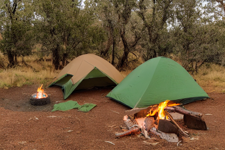 A green and tan tent rests on a quiet dirt campsite in Capitol Reef National Park. A warm campfire glows among the logs as sunset colors shine through the cloudy sky. Fallen leaves and red rock scenery create a peaceful outdoor escape.