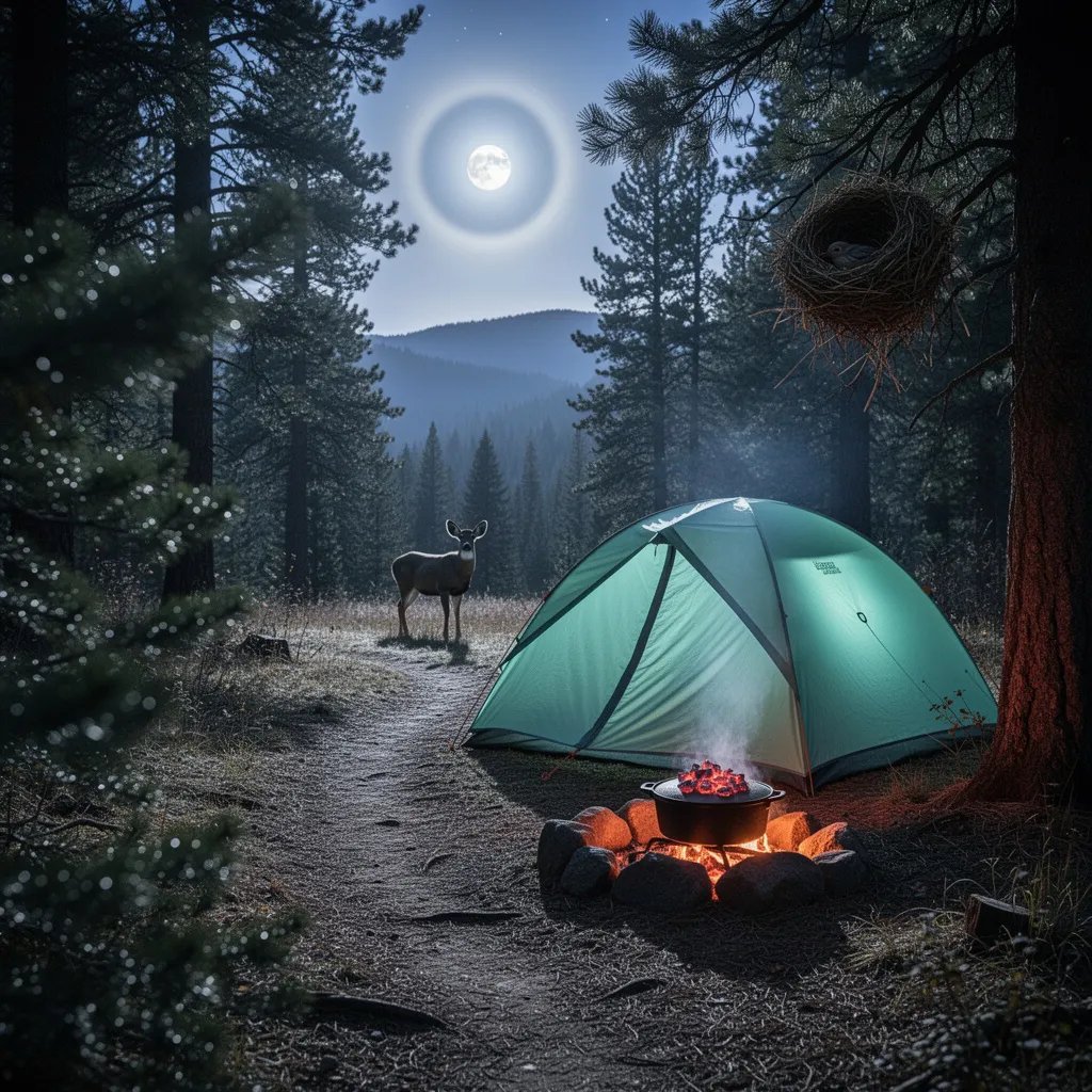 A mint green tent sits in a small forest clearing, tucked under tall pine and fir trees. The full moon shines through the branches, while a low fire ring glows softly beside a heavy dutch oven. A mule deer watches from the dark treeline, and a little bird’s nest rests high above. The whole camp feels quiet, cold, and wild.