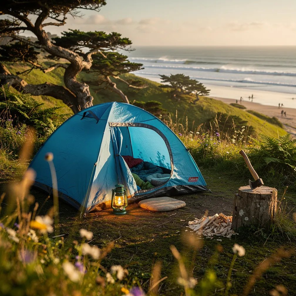 A sky-blue tent sits in a small clearing on a bluff above rolling green hills, with the ocean shining far away. Warm golden sunlight and a softly glowing lantern make the camp feel cozy and calm. Wildflowers frame the scene, and an axe rests in a weathered stump while tiny surfers speck the distant shore.