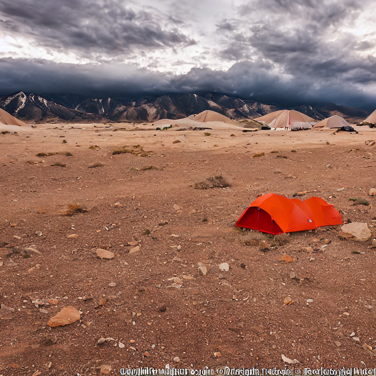 A bright red tent rests on a rough dirt campsite beneath a cloudy sky. Boulders and a winding hiking path surround the camp, while a soft flashlight glow shines from inside the tent.