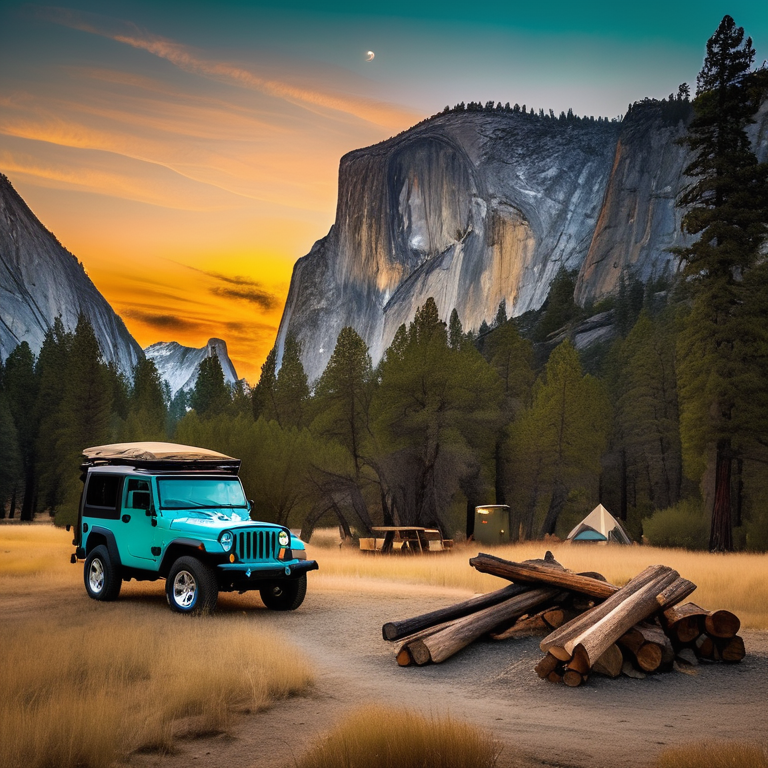 A teal Jeep with a rooftop tent rests in a sunny Yosemite campsite. Tall grass, warm sunset light, and a stone-ringed campfire create a cozy outdoor scene. A pale moon hangs above the distant mountains.