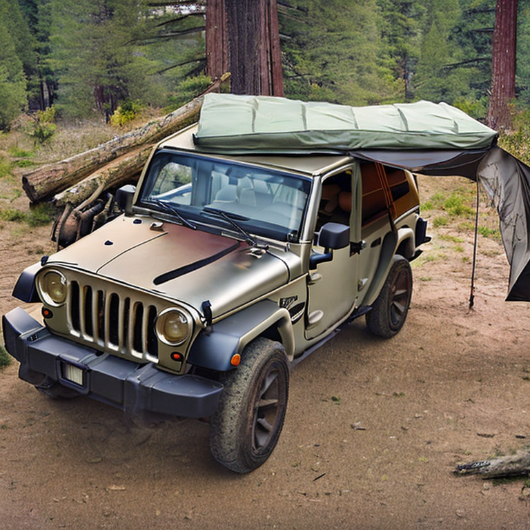 A tan Jeep with an open rooftop tent rests in a quiet Yosemite campsite. Ferns and tall grass surround the dirt clearing, where hikers gather near a warm campfire. Soft sunset light shines through the cloudy sky.