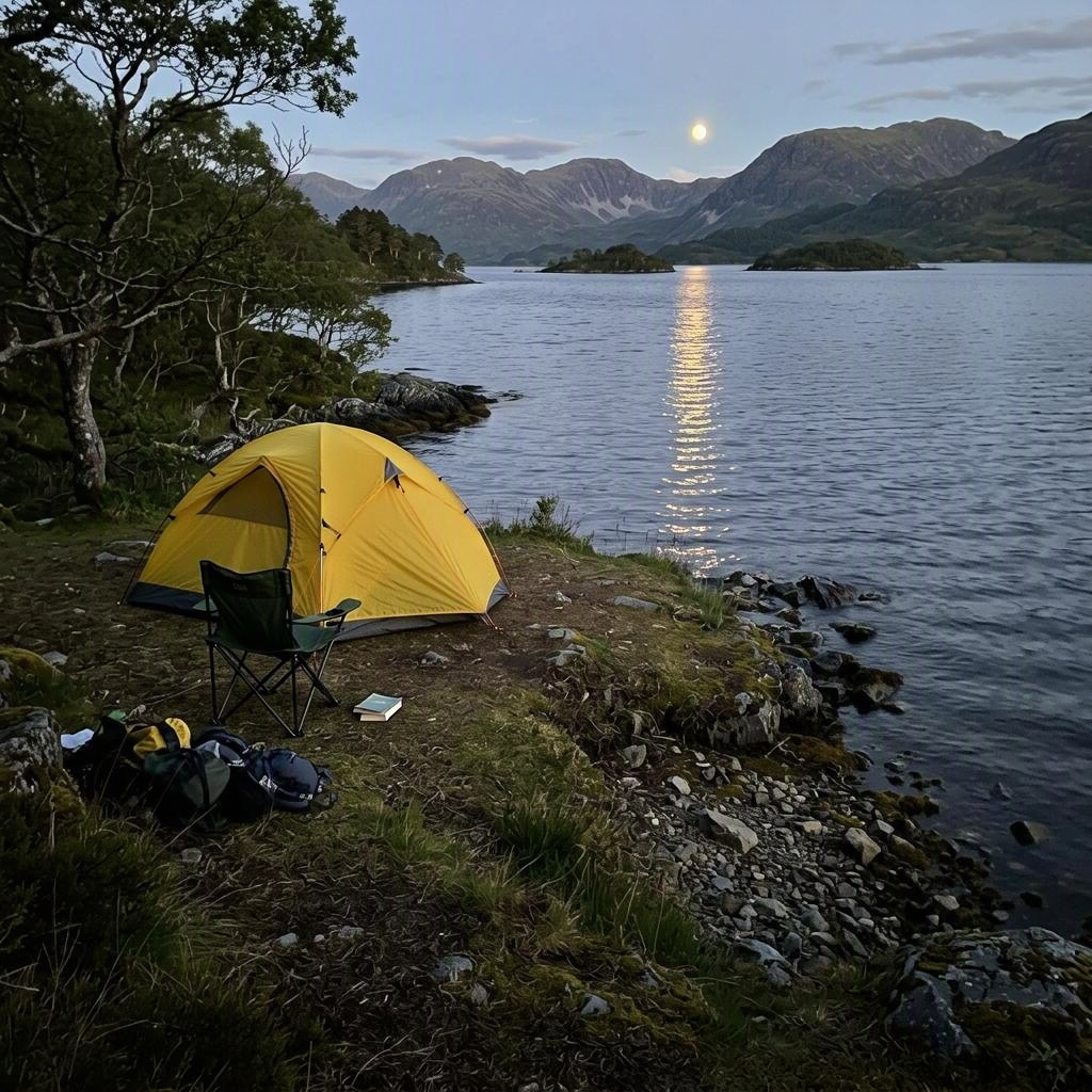 A bright yellow tent rests in a quiet clearing beside Loch Maree, with trees all around. A chair and a book sit nearby as the moon rises over the water.