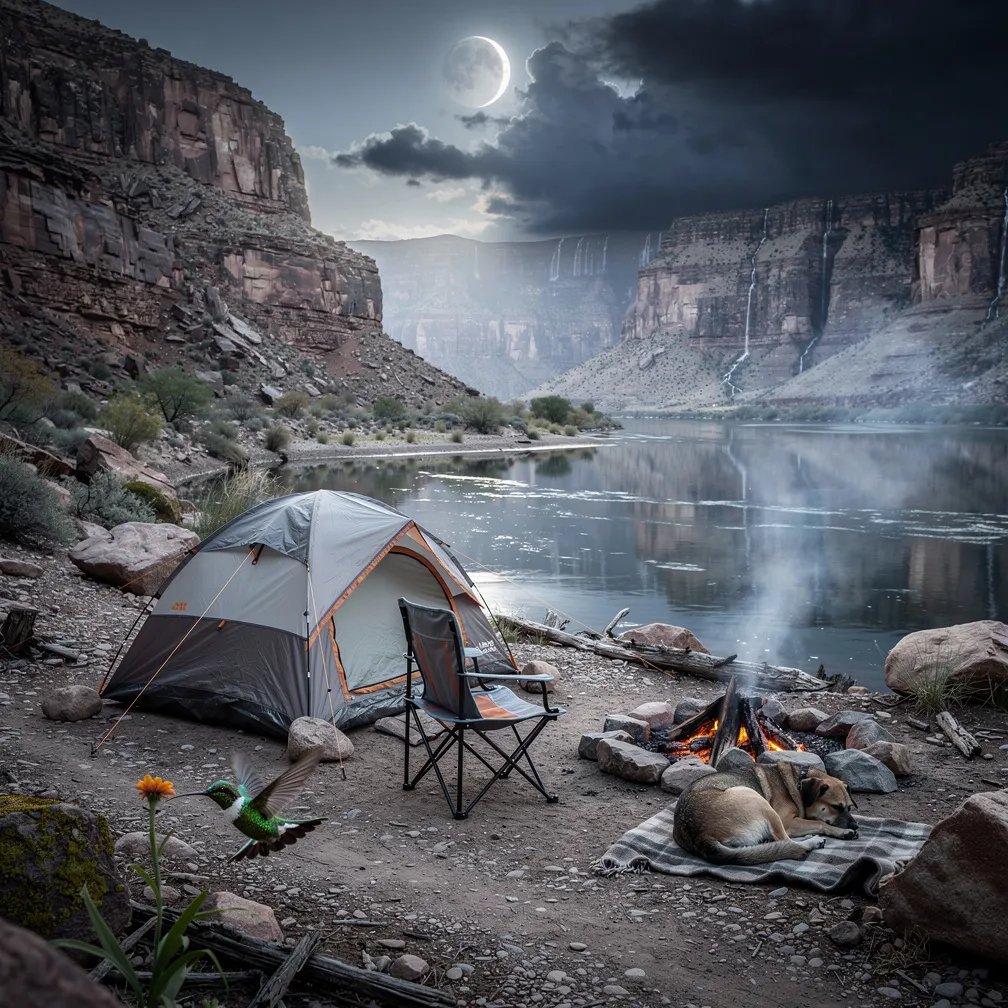 A small tent sits on rocky ground beside a calm bend in the river, with big boulders all around. The sky is dim and spooky from a partial eclipse, and far away a storm paints the cliffs with soft rain. A quiet campfire ring and a lone chair wait by the tent while a dog sleeps nearby. In the front, a tiny hummingbird hovers at a single wildflower.