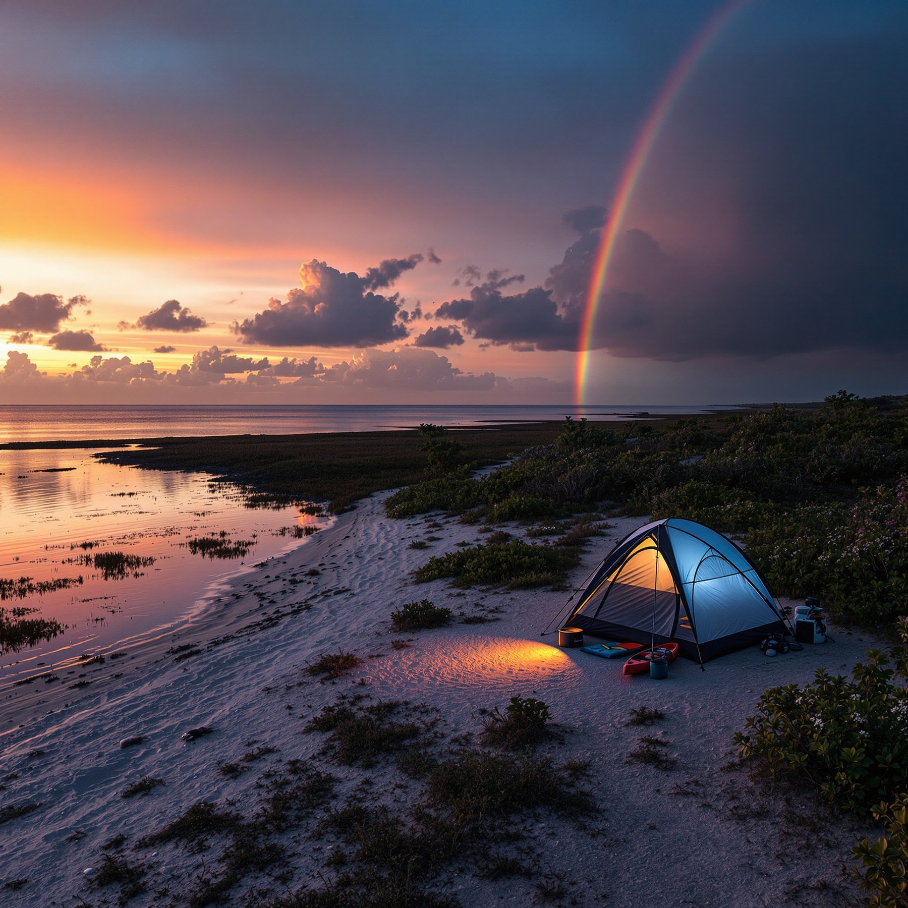 A cozy tent glows on a sandy beach at sunset, with a bright rainbow shining in the sky. Calm water and colorful clouds make this campsite feel peaceful and full of magic.