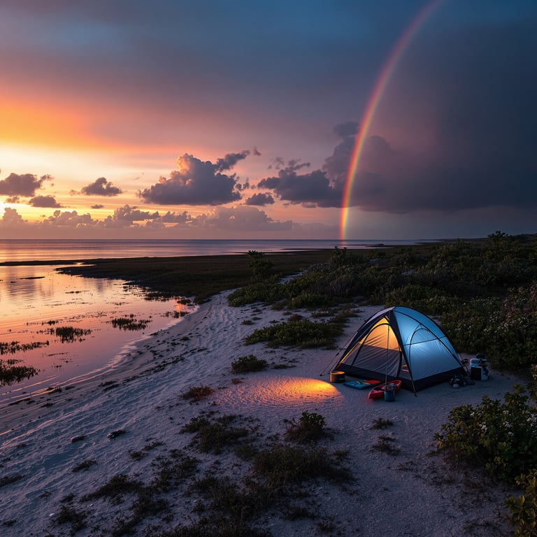 A cozy tent glows on a sandy beach at sunset, with a bright rainbow shining in the sky. Calm water and colorful clouds make this campsite feel peaceful and full of magic.