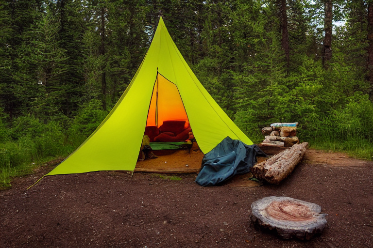 A colorful tent rests beside a warm campfire on a rough dirt clearing. Large stones, a fallen log, and a wooden guitar add charm to the campsite. Above, green auroras glow through the cloudy night sky.