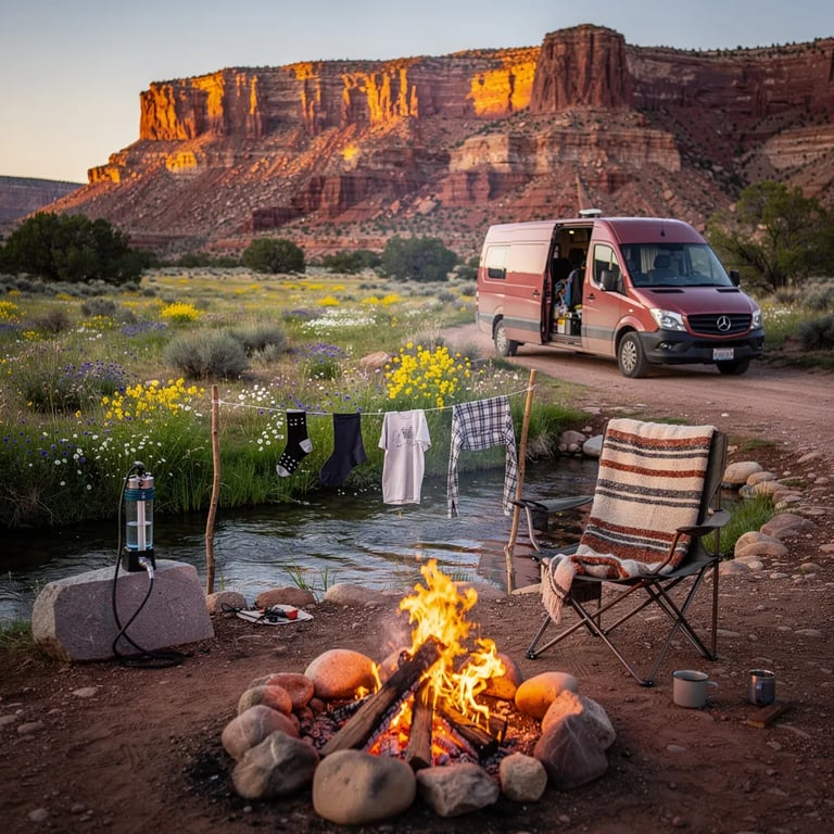 A small stream runs by a quiet meadow full of summer wildflowers, with tall red cliffs far away. A dusty pink van sits near a warm campfire, and the flames glow as the sun goes down. A chair with a cozy blanket, a simple clothesline, and a water bottle on a rock make the camp feel ready for the night.
