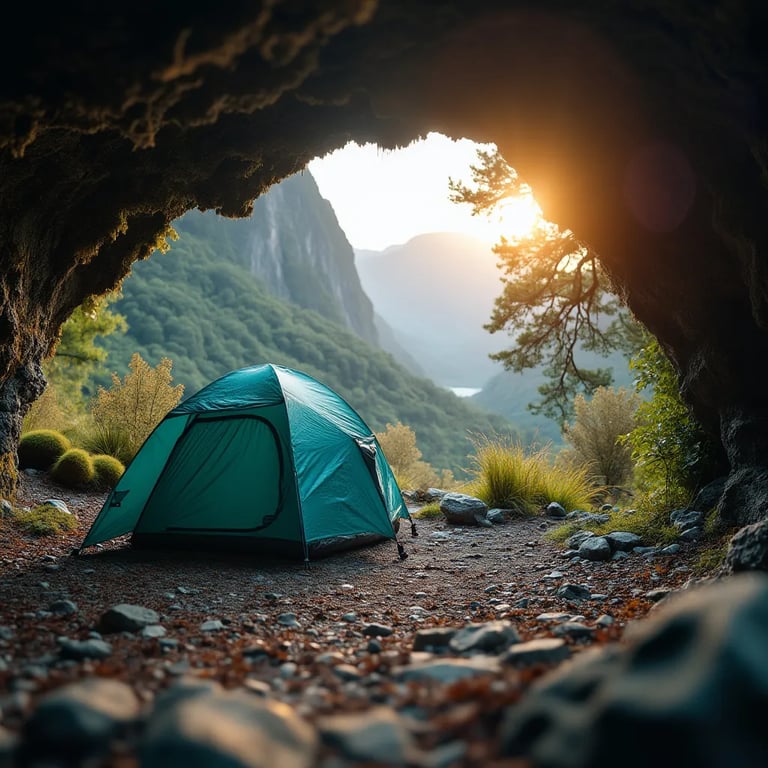 A teal tent rests on rocky ground beneath tall trees in Milford Sound. A small waterfall trickles nearby as rain falls and rare wildflowers bloom. Viewed from a cave, the campsite glows softly in the sunset.