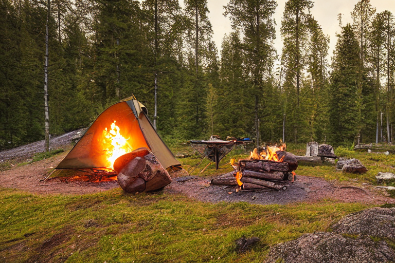 A tan tent rests beside a paved campsite in Norway as the sun sets. A dirt path winds through the area, with hikers nearby and a warm campfire glowing among the stones. A large log adds a cozy touch to this peaceful outdoor scene.