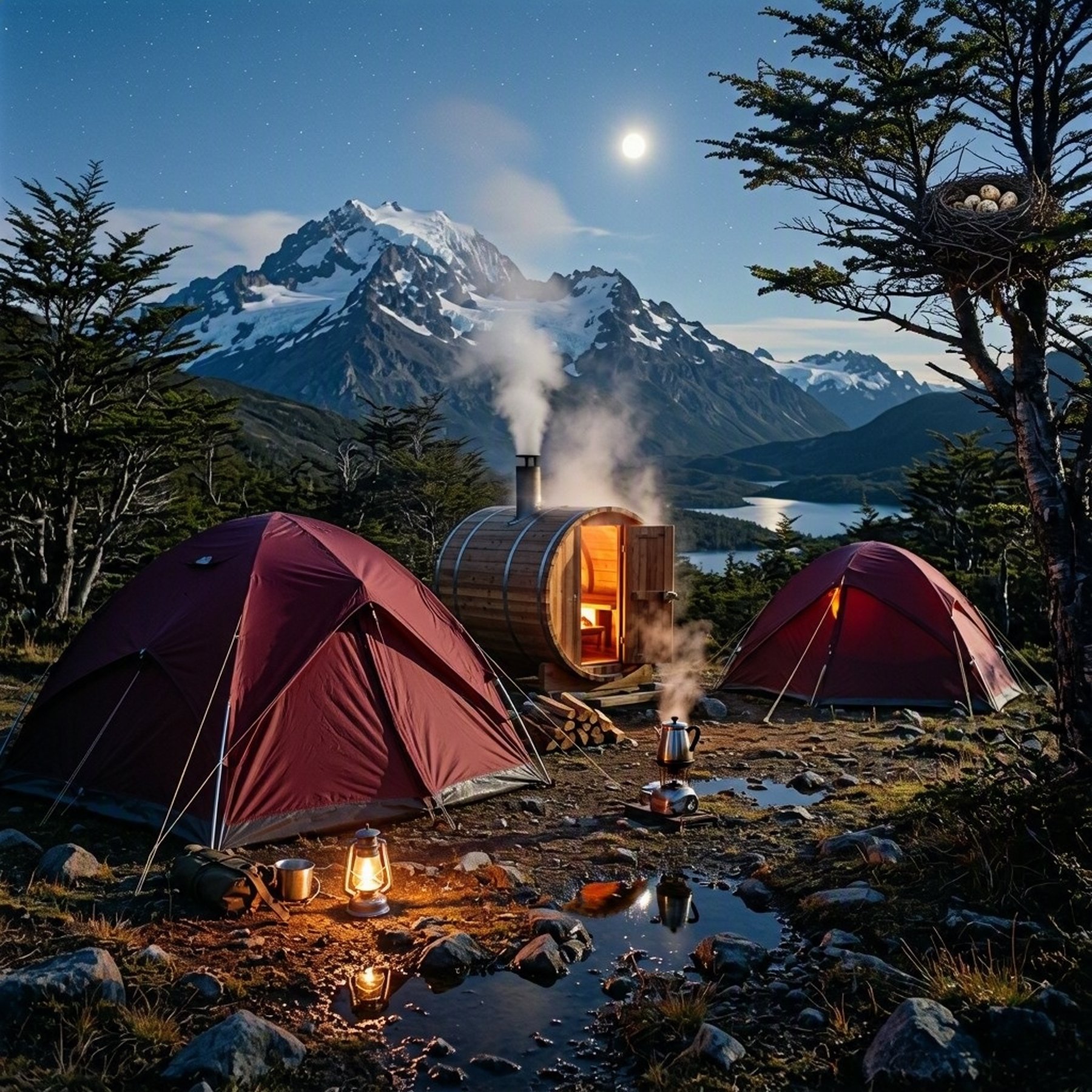Two burgundy tents rest in a quiet forest clearing beneath the full moon. A small sauna barrel steams nearby, while a warm lantern lights the rocky ground and a coffee pot waits on the stove. Dense lenga trees and a distant mountain surround this peaceful campsite.