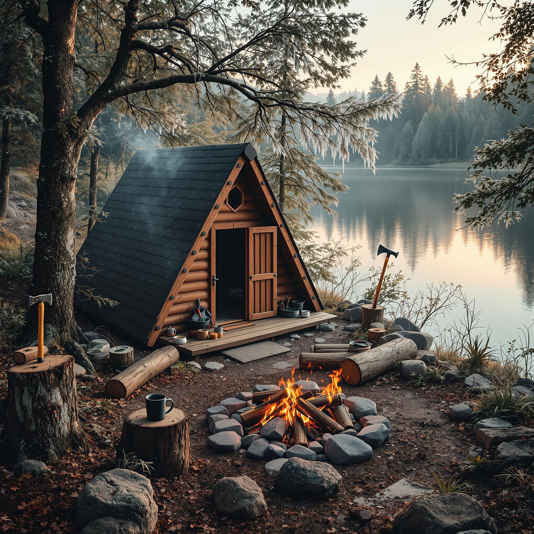 A cozy A-frame cabin sits by a peaceful lake, surrounded by tall, whispering trees. A crackling campfire keeps things warm and inviting, with logs ready for seating. It's the perfect spot to relax and enjoy nature's beauty.